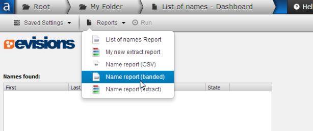 When in a dashboard, select a report from the drop down menu at the top of the screen and click "Run".